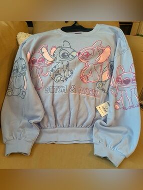 Disney Light Blue Stitch & Angel Crewneck Sweatshirt with Pink Highlights